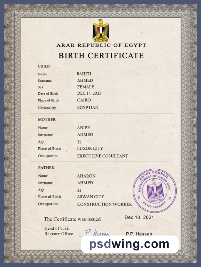 Egypt Vital Record Birth Certificate PSD Template